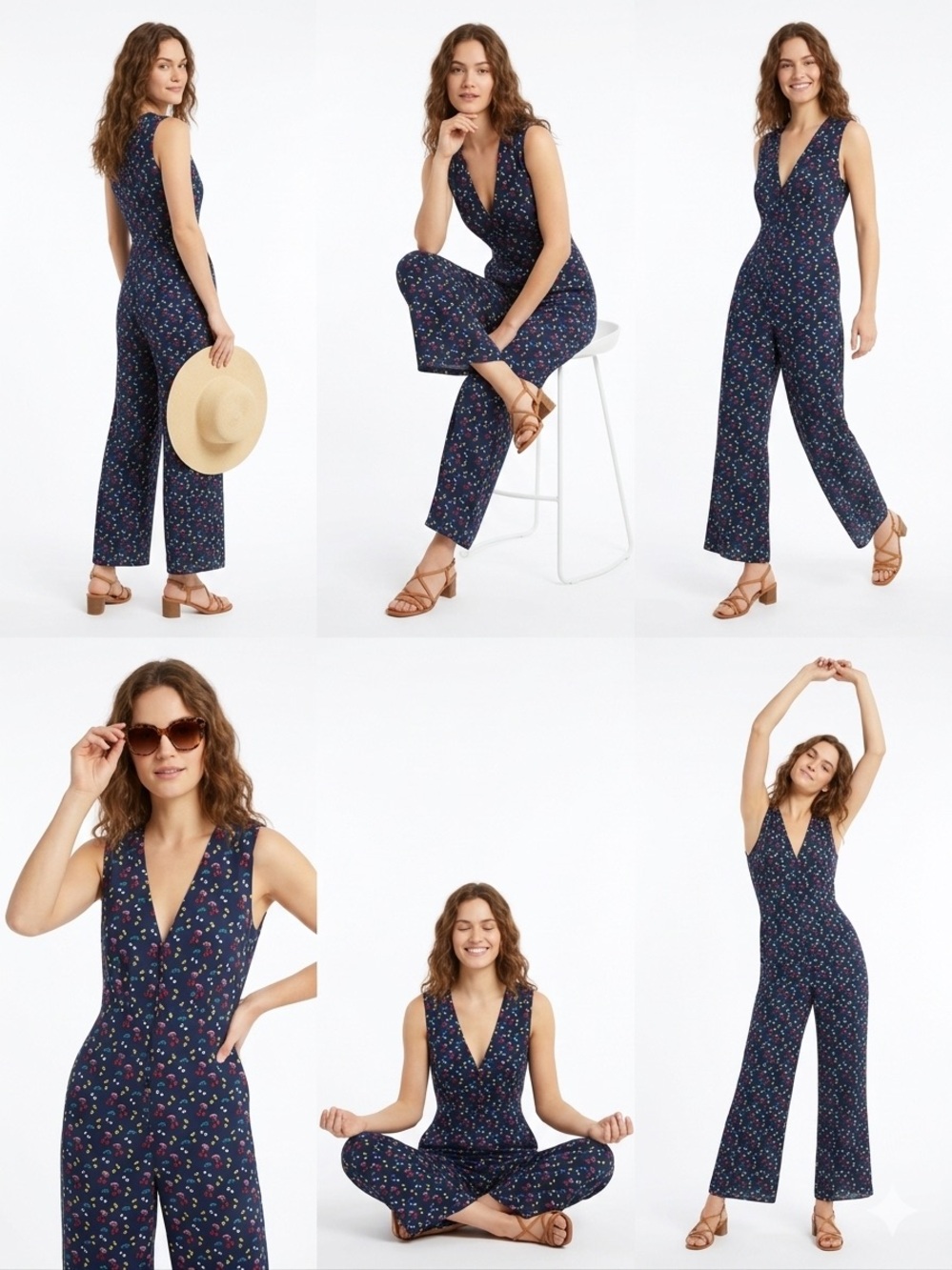 Marine Layer Holli sleeveless jumpsuit in a navy blue cherry print with pockets